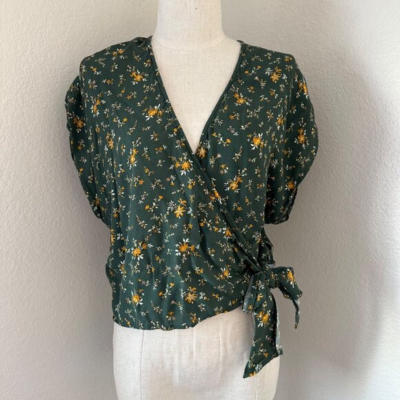 Madewell Fresh Spring Wrap Blouse V Neck Lightweight Green Floral Print Sz L - Picture 1 of 10